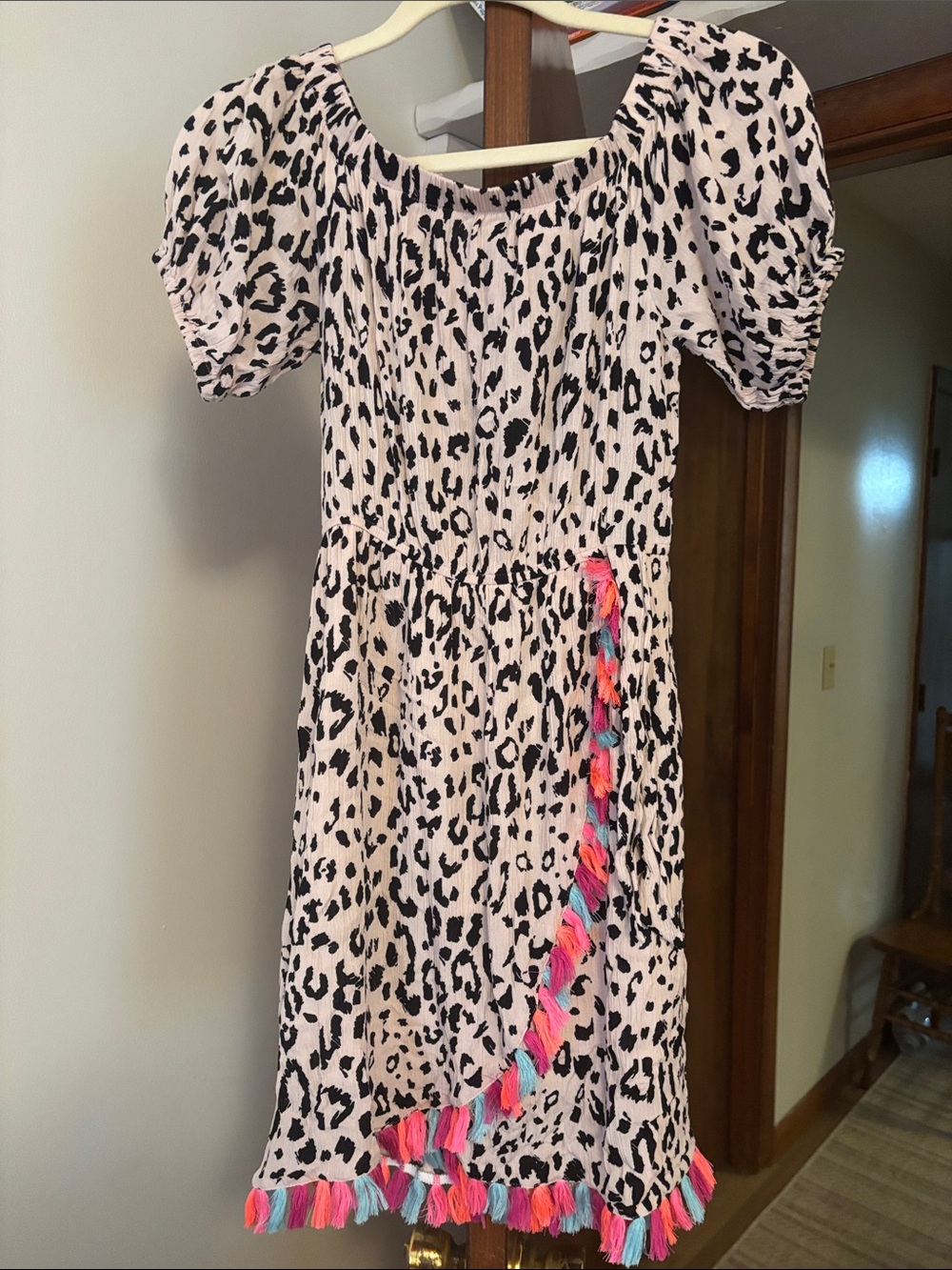 ANDREE BY UNIT Pink Leopard Print Mini Dress with Multicolor Tassel Trim